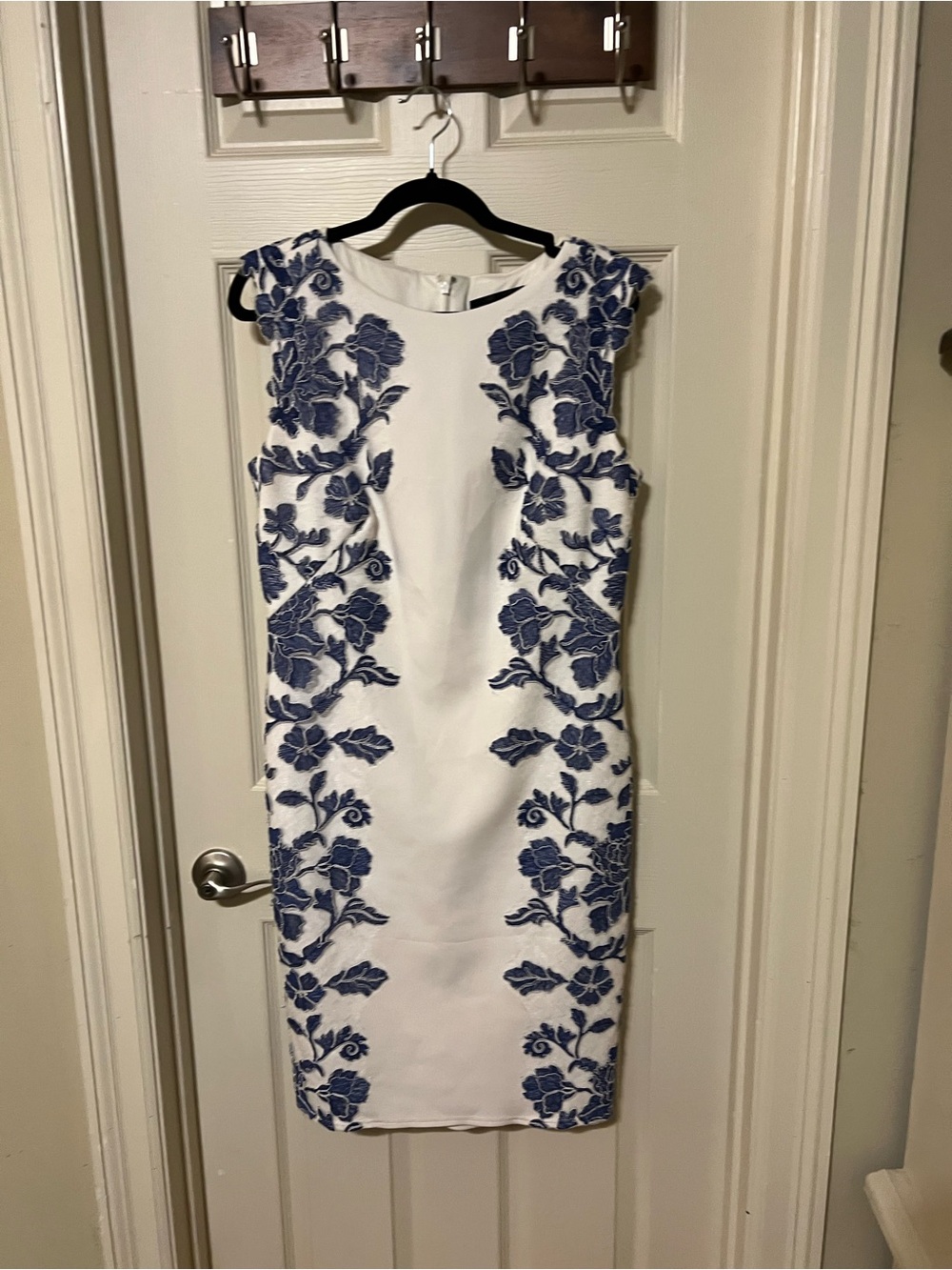 Tadashi Shoji White Midi Dress with Blue Floral Embroidery